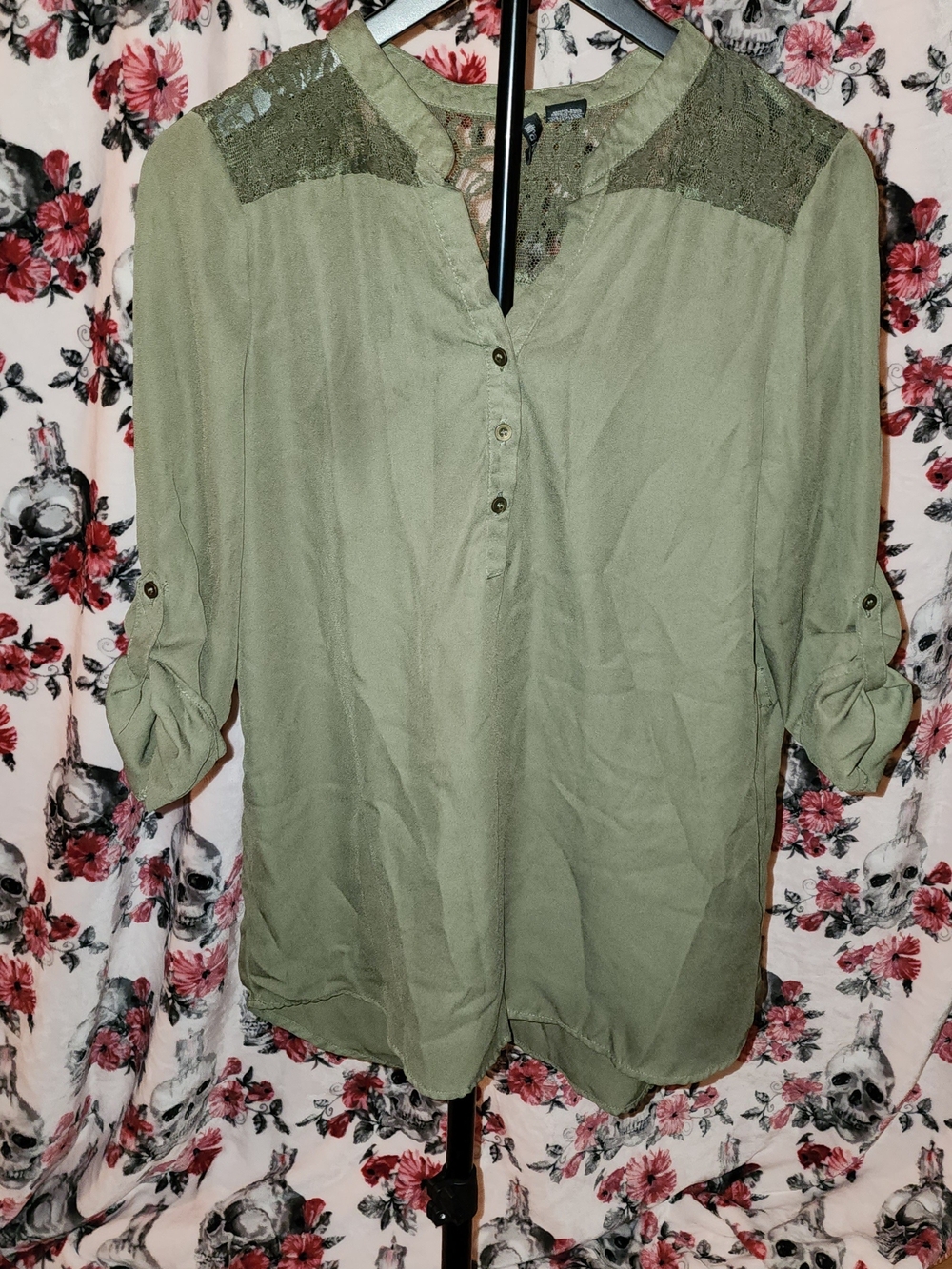 Ultra Flirt Olive Green Lace Yoke Button-Front Blouse
